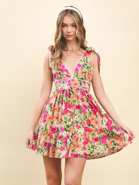 TCEC Pink & Green Floral Tie-Shoulder Mini Dress